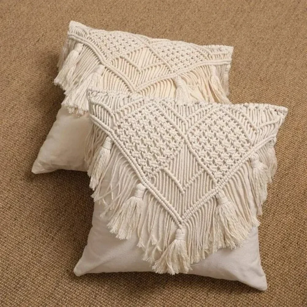 Tassel Macrame Throw Pillow Boho Indie Case Cushion Cover for Bed/Sofa/Patio